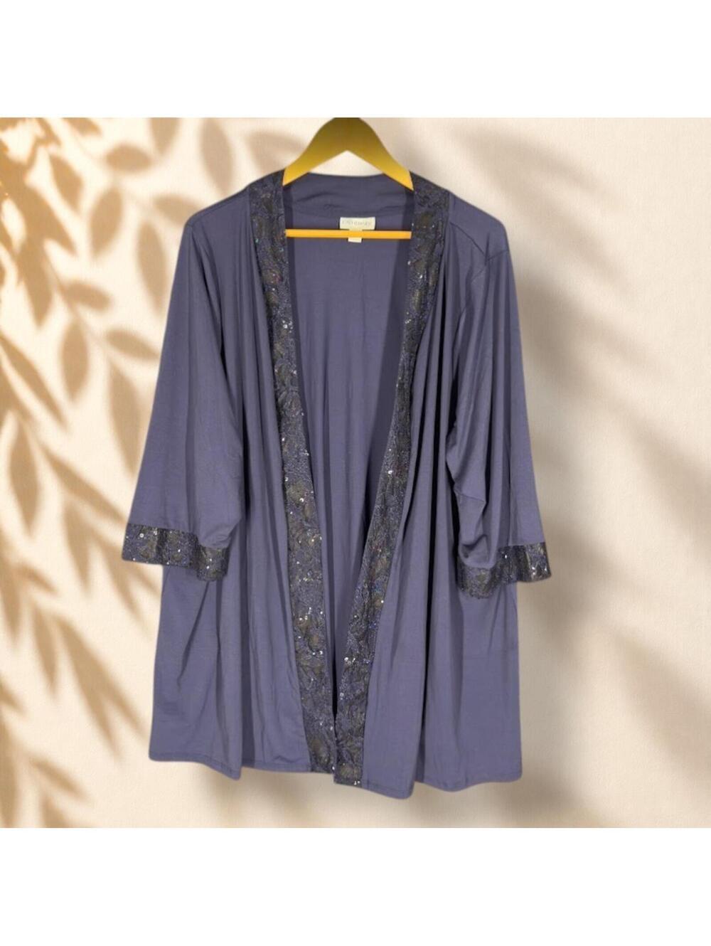 Catherines Top Women 24W Plus Blue Sequin Open Front 3/4 Sleeve Lined Casual